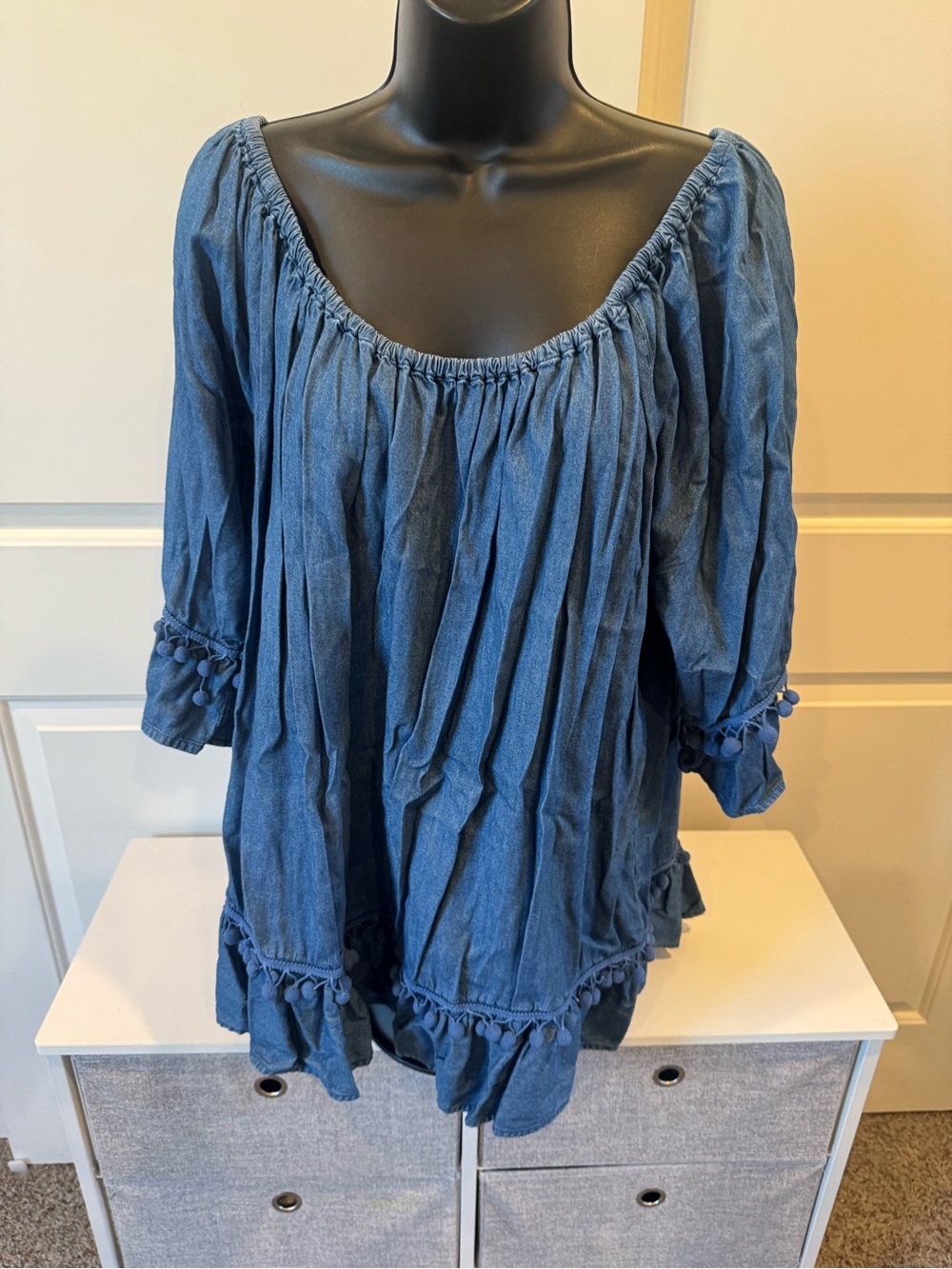 Women's Blue Scoop-Neck Boho Tunic with Pom-Pom Trim